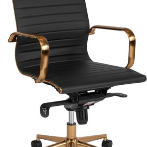 Wholesale High Back Black Ribbed Leather Executive Swivel Office Chair with Gold Frame