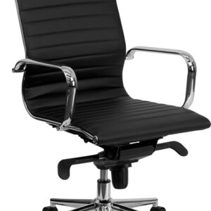 Wholesale High Back Black Ribbed Leather Executive Swivel Office Chair with Knee-Tilt Control and Arms