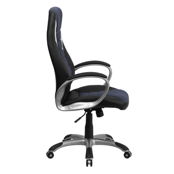 Lowest Price High Back Black Vinyl Executive Swivel Office Chair with Blue Mesh Inserts and Arms