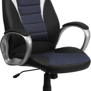 Wholesale High Back Black Vinyl Executive Swivel Office Chair with Blue Mesh Inserts and Arms