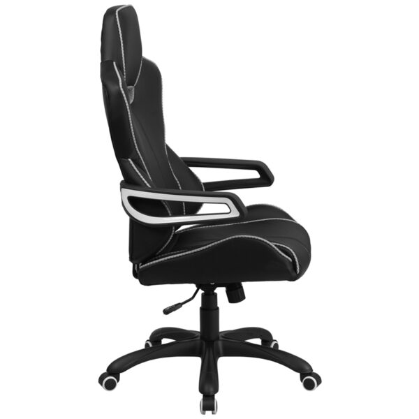 Lowest Price High Back Black Vinyl Executive Swivel Office Chair with White Trim and Arms