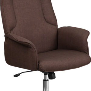 Wholesale High Back Brown Fabric Executive Swivel Office Chair with Chrome Base and Fully Upholstered Arms