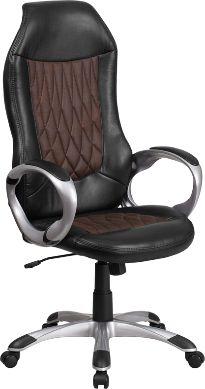 Wholesale High Back Brown Fabric and Black Vinyl Executive Swivel Office Chair with Arms