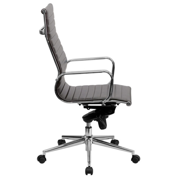 Lowest Price High Back Brown Ribbed Leather Executive Swivel Office Chair with Knee-Tilt Control and Arms