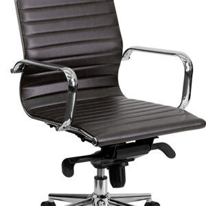 Wholesale High Back Brown Ribbed Leather Executive Swivel Office Chair with Knee-Tilt Control and Arms