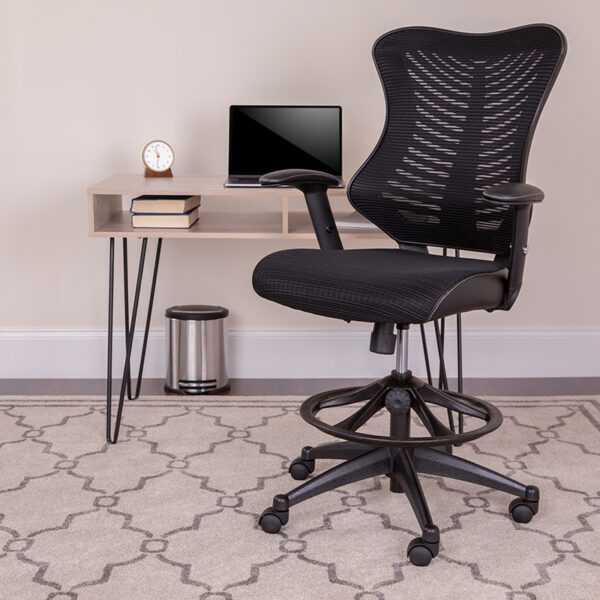 Lowest Price High Back Designer Black Mesh Drafting Chair with Leather Sides and Adjustable Arms