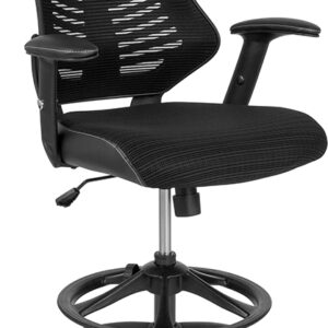 Wholesale High Back Designer Black Mesh Drafting Chair with Leather Sides and Adjustable Arms