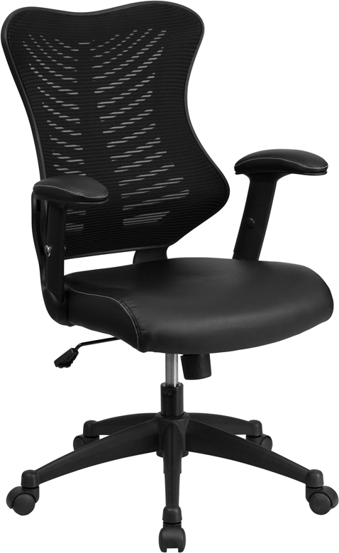 Wholesale High Back Designer Black Mesh Executive Swivel Ergonomic Office Chair with Leather Seat and Adjustable Arms