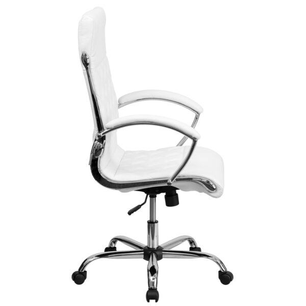 Lowest Price High Back Designer Quilted White Leather Executive Swivel Office Chair with Chrome Base and Arms