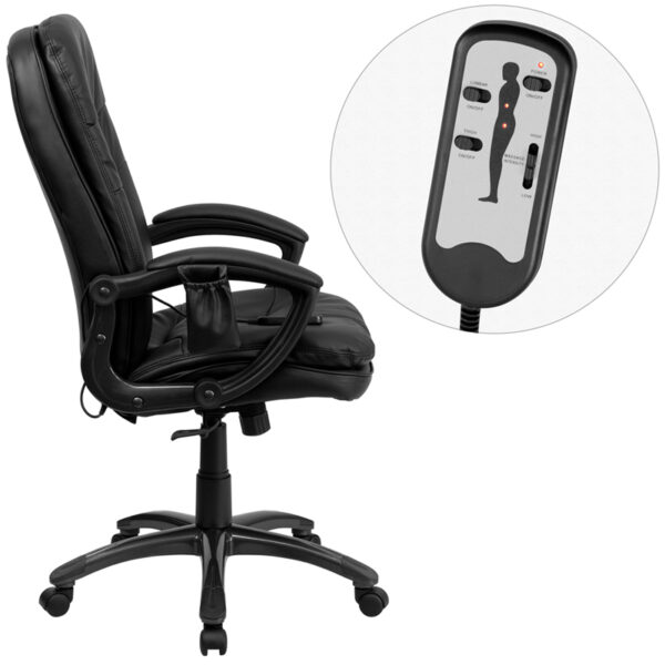 Lowest Price High Back Ergonomic Massaging Black Leather Executive Swivel Office Chair with Remote Pocket and Arms