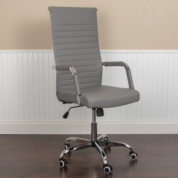 Lowest Price High Back Gray LeatherSoft Mid-Century Modern Ribbed Swivel Office Chair with Spring-Tilt Control and Arm Wraps