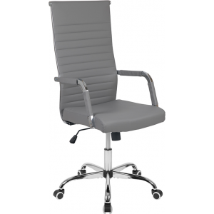 Wholesale High Back Gray LeatherSoft Mid-Century Modern Ribbed Swivel Office Chair with Spring-Tilt Control and Arm Wraps