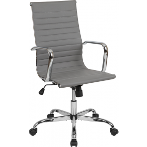 Wholesale High Back Light Gray LeatherSoft Mid-Century Modern Ribbed Swivel Office Chair with Spring-Tilt Control and Arms