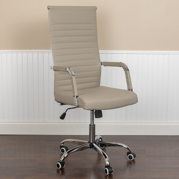 Lowest Price High Back Tan LeatherSoft Mid-Century Modern Ribbed Swivel Office Chair with Spring-Tilt Control and Arm Wraps