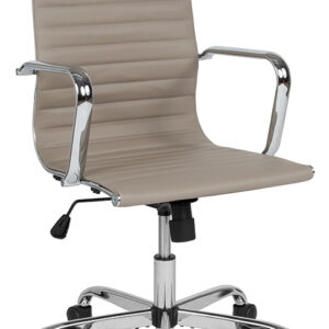 Wholesale High Back Tan LeatherSoft Mid-Century Modern Ribbed Swivel Office Chair with Spring-Tilt Control and Arms