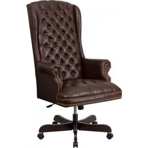 Wholesale High Back Traditional Fully Tufted Brown Leather Executive Swivel Ergonomic Office Chair with Arms