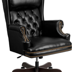 Wholesale High Back Traditional Tufted Black Leather Executive Ergonomic Office Chair with Oversized Headrest & Nail Trim Arms