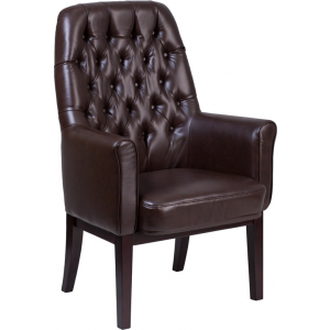 Wholesale High Back Traditional Tufted Brown Leather Side Reception Chair