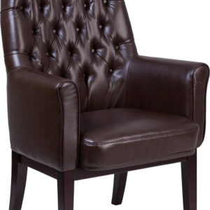 Wholesale High Back Traditional Tufted Brown Leather Side Reception Chair