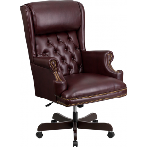 Wholesale High Back Traditional Tufted Burgundy Leather Executive Ergonomic Office Chair with Oversized Headrest & Arms