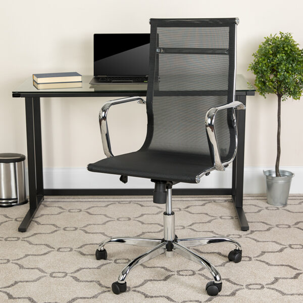 Lowest Price High Back Transparent Black Mesh Mid-Century Modern Swivel Office Chair with Spring-Tilt Control and Arms