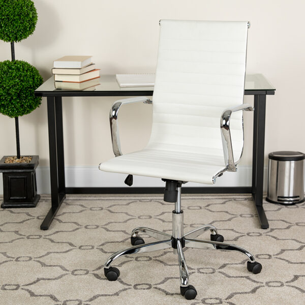Lowest Price High Back White LeatherSoft Mid-Century Modern Ribbed Swivel Office Chair with Spring-Tilt Control and Arms