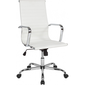 Wholesale High Back White LeatherSoft Mid-Century Modern Ribbed Swivel Office Chair with Spring-Tilt Control and Arms