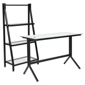 Wholesale Highland Collection Glass Computer Desk and Bookshelf with Black Metal Frame