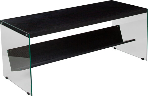 Wholesale Highwood Collection Dark Ash Finish Coffee Table with Shelves and Glass Frame