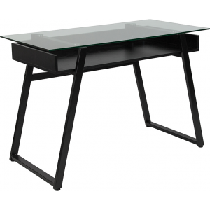 Wholesale Huntley Glass Computer Desk with Shelf and Black Metal Legs