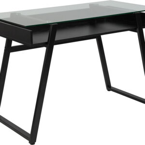 Wholesale Huntley Glass Computer Desk with Shelf and Black Metal Legs