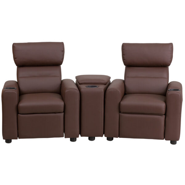 Lowest Price Kid's Brown Leather Reclining Theater Seating with Storage Console