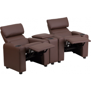 Wholesale Kid's Brown Leather Reclining Theater Seating with Storage Console