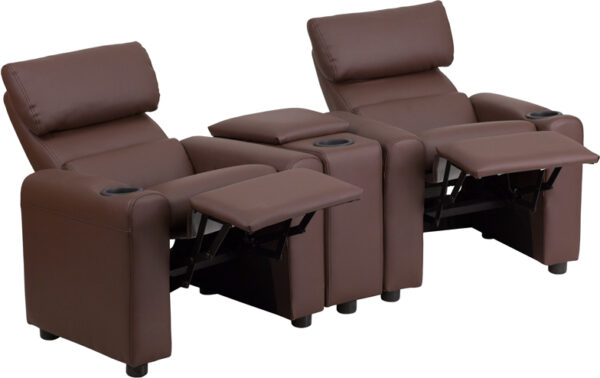 Wholesale Kid's Brown Leather Reclining Theater Seating with Storage Console