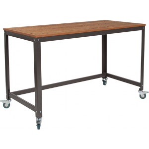 Wholesale Livingston Collection Computer Table and Desk in Brown Oak Wood Grain Finish with Metal Wheels