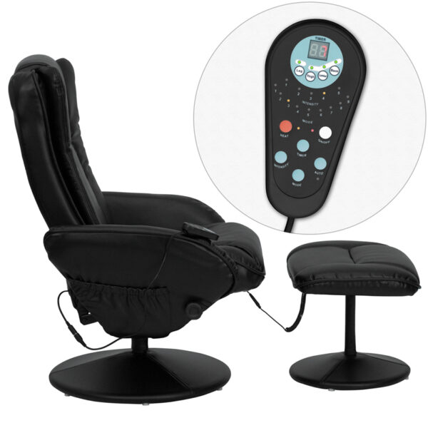 Lowest Price Massaging Multi-Position Plush Recliner with Side Pocket and Ottoman in Black Leather