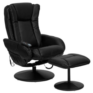 Wholesale Massaging Multi-Position Plush Recliner with Side Pocket and Ottoman in Black Leather