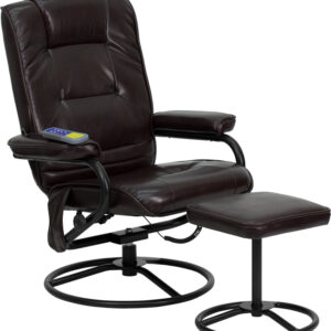 Wholesale Massaging Multi-Position Recliner and Ottoman with Metal Bases in Brown Leather