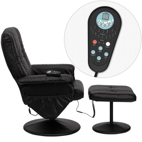 Lowest Price Massaging Multi-Position Recliner and Ottoman with Wrapped Base in Black Leather