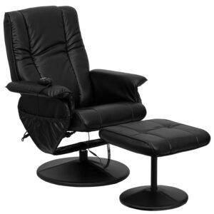Wholesale Massaging Multi-Position Recliner and Ottoman with Wrapped Base in Black Leather