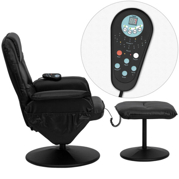 Lowest Price Massaging Multi-Position Recliner with Deep Side Pockets and Ottoman with Wrapped Base in Black Leather