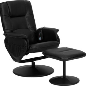 Wholesale Massaging Multi-Position Recliner with Deep Side Pockets and Ottoman with Wrapped Base in Black Leather