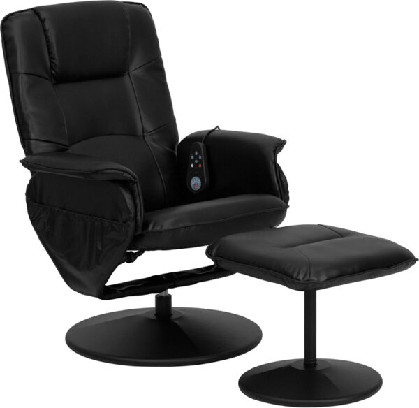 Wholesale Massaging Multi-Position Recliner with Deep Side Pockets and Ottoman with Wrapped Base in Black Leather