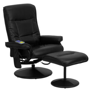 Wholesale Massaging Multi-Position Recliner with Side Pocket and Ottoman in Black Leather
