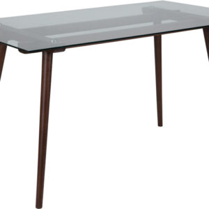 Wholesale Meriden 31.5" x 55" Rectangular Solid Walnut Wood Table with Clear Glass Top