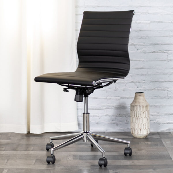 Lowest Price Mid-Back Armless Black Ribbed Leather Swivel Conference Office Chair