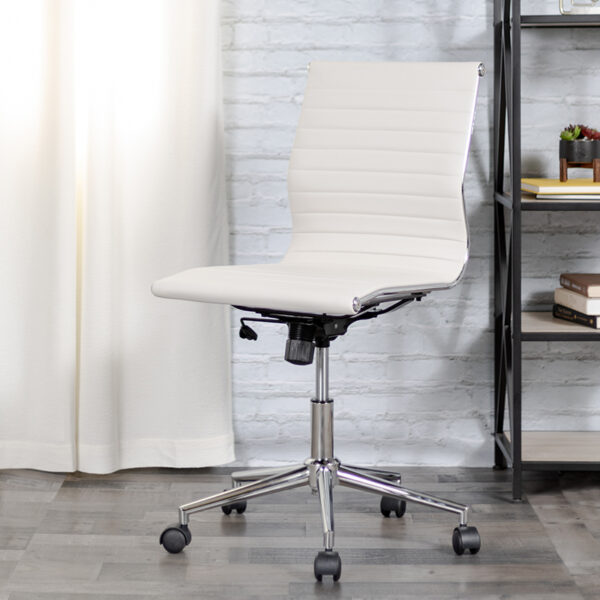 Lowest Price Mid-Back Armless White Ribbed Leather Swivel Conference Office Chair