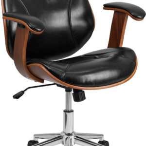 Wholesale Mid-Back Black Leather Executive Ergonomic Wood Swivel Office Chair with Arms