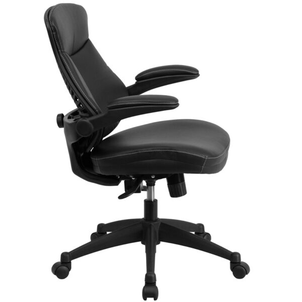 Lowest Price Mid-Back Black Leather Executive Swivel Ergonomic Office Chair with Back Angle Adjustment and Flip-Up Arms