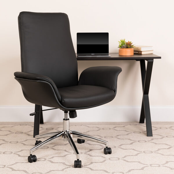 Lowest Price Mid-Back Black Leather Executive Swivel Office Chair with Flared Arms